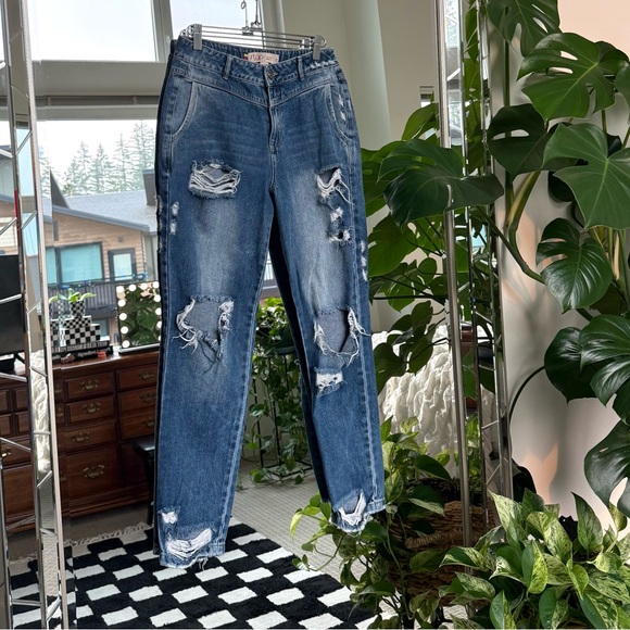 Straight Leg Distressed High Rise Jeans - Picture 1 of 5